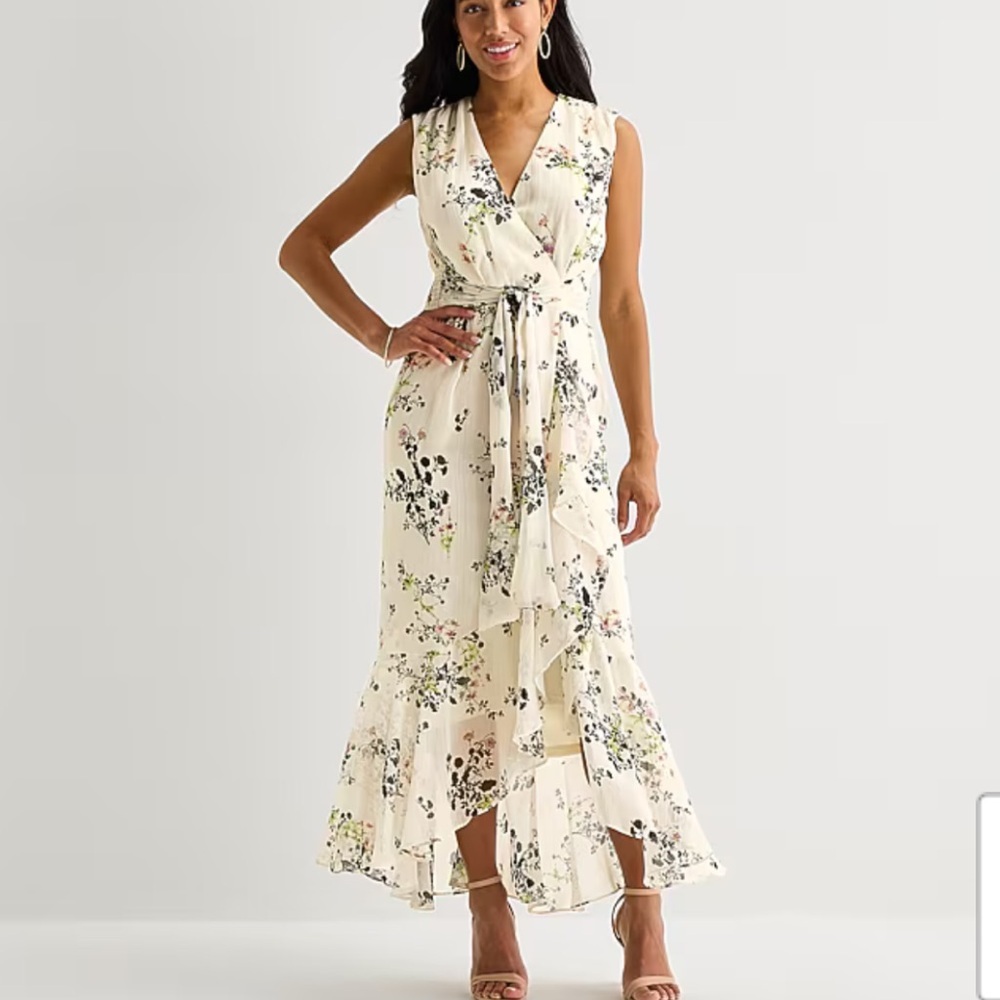 Melonie T Sleeveless Cream Floral  Maxi Dress with Waist Tie Sz 14 NWT